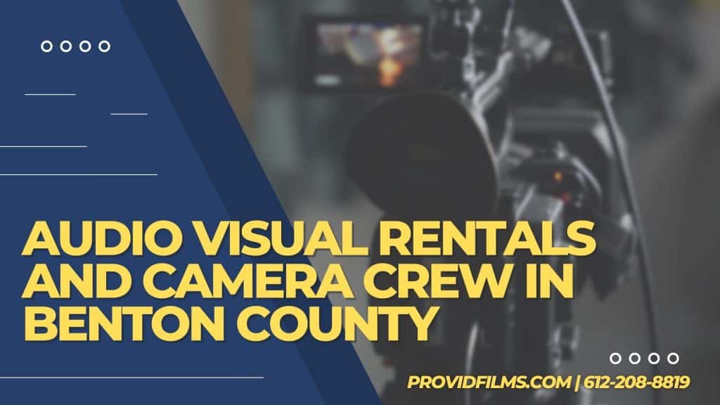 Graphic with a video camera crew with the text saying "AV Rental and Camera Crew in Benton County"