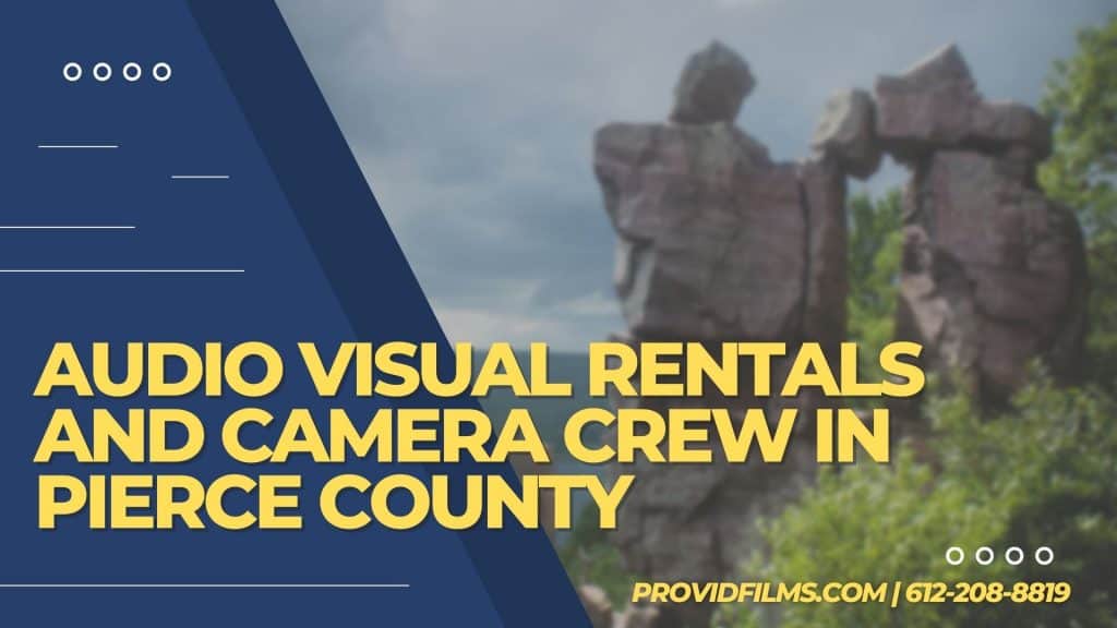 Graphic with a video camera crew with the text saying "AV Rental and Camera Crew in Pierce County"