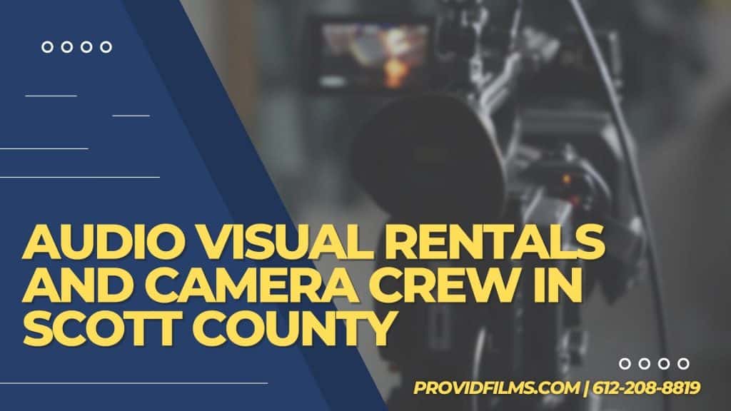 Graphic with a video camera crew with the text saying "AV Rental and Camera Crew in Scott County"