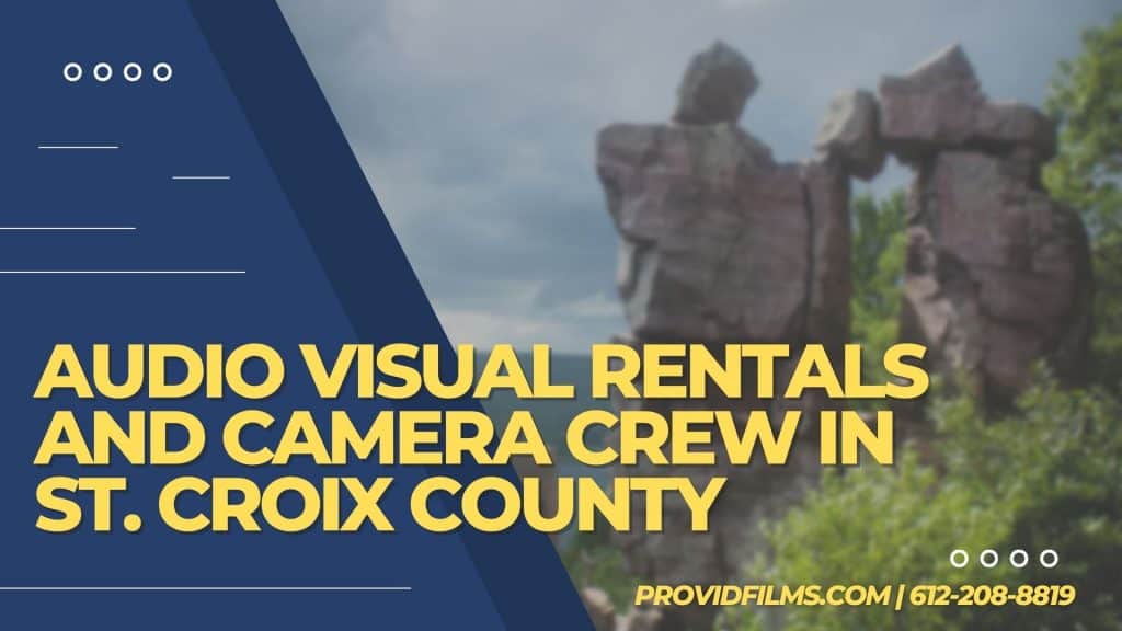 Graphic with a video camera crew with the text saying "AV Rental and Camera Crew in St. Croix County"