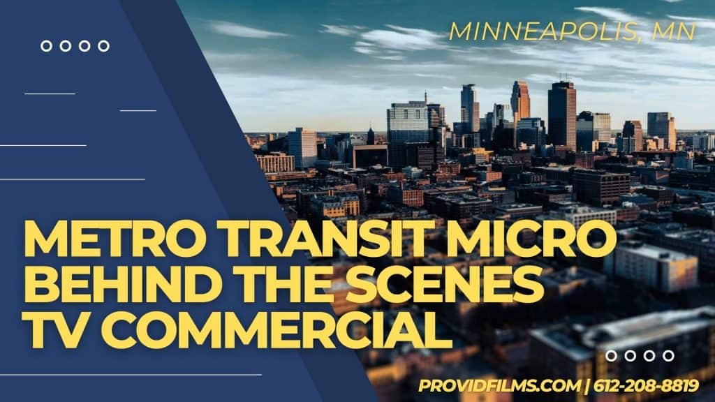 Graphic with skyline of Minneapolis Minnesota with the text on screen saying "Metro Transit Micro Mini Bus TV Commercial"
