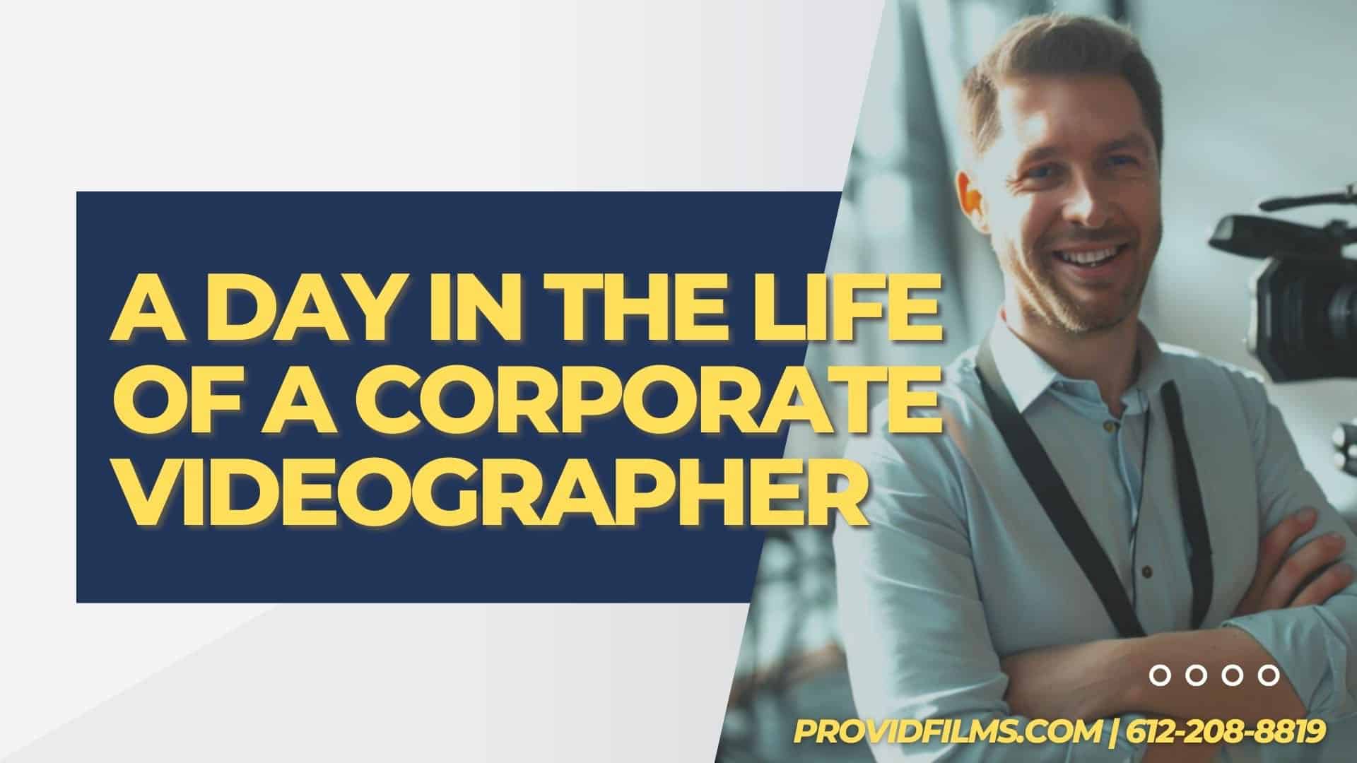 Graphic of a corporate videographer and text saying "A Day in the Life of a Corporate Videographer"