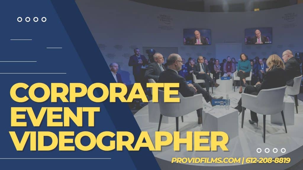 Graphic of people at a forum with the text saying "Corporate Event Videographer"