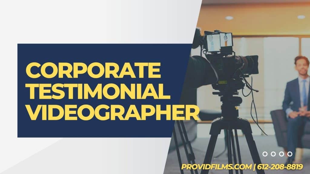 Graphic of a video camera and a man giving a testimonial interview in an office with the text saying "Corporate Testimonial Videographer".