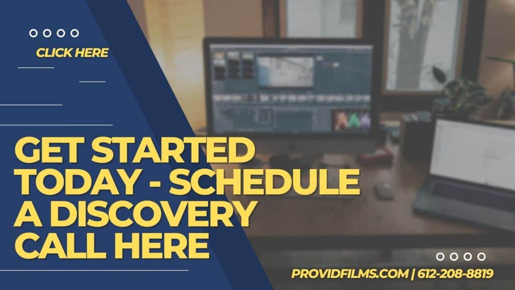 Graphic of a Video Editing Computer Monitor and a Laptop with the text saying "Get started today - schedule a discovery call here"